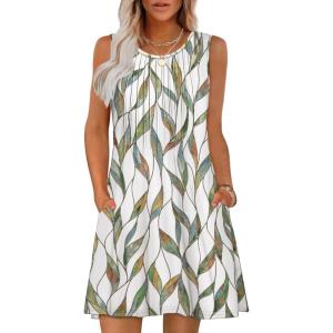 imageOFEEFAN Summer Dresses for Women 2025 Loose Beach Vacation Casual Crew Neck Sleeveless Sundresses with Pockets Tank DressFloral Leaf