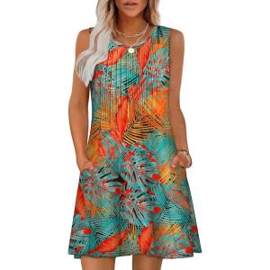 imageOFEEFAN Summer Dresses for Women 2025 Loose Beach Vacation Casual Crew Neck Sleeveless Sundresses with Pockets Tank DressFloral Orange