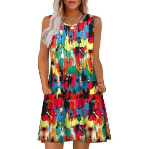 imageOFEEFAN Summer Dresses for Women 2025 Loose Beach Vacation Casual Crew Neck Sleeveless Sundresses with Pockets Tank DressFloral Red
