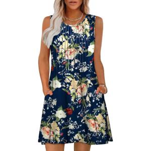 imageOFEEFAN Summer Dresses for Women 2025 Loose Beach Vacation Casual Crew Neck Sleeveless Sundresses with Pockets Tank DressFloral Rose