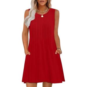 imageOFEEFAN Summer Dresses for Women 2025 Loose Beach Vacation Casual Crew Neck Sleeveless Sundresses with Pockets Tank DressRed