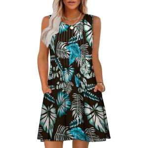 imageOFEEFAN Summer Dresses for Women 2025 Loose Beach Vacation Casual Crew Neck Sleeveless Sundresses with Pockets Tank DressTropical Leaf