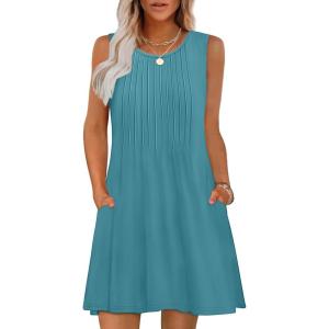 imageOFEEFAN Summer Dresses for Women 2025 Loose Beach Vacation Casual Crew Neck Sleeveless Sundresses with Pockets Tank DressTurquoise