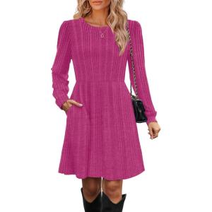 imageOFEEFAN Womens Fall Dresses Crew Neck Long Sleeve Winter Knit Sweater Dress 2024Irregularhot Pink