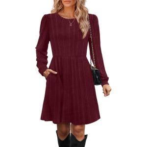 imageOFEEFAN Womens Fall Dresses Crew Neck Long Sleeve Winter Knit Sweater Dress 2024Irregularwine