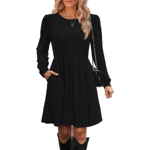 imageOFEEFAN Womens Fall Dresses Crew Neck Long Sleeve Winter Knit Sweater Dress 2024Ribbedblack