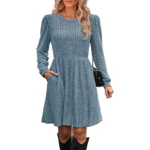 imageOFEEFAN Womens Fall Dresses Crew Neck Long Sleeve Winter Knit Sweater Dress 2024Ribbedblue