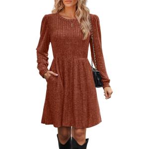imageOFEEFAN Womens Fall Dresses Crew Neck Long Sleeve Winter Knit Sweater Dress 2024Ribbedcaramel