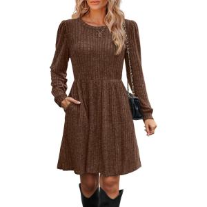 imageOFEEFAN Womens Fall Dresses Crew Neck Long Sleeve Winter Knit Sweater Dress 2024Ribbeddarkbrown
