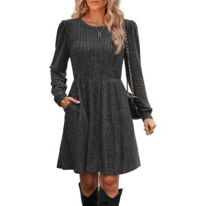 imageOFEEFAN Womens Fall Dresses Crew Neck Long Sleeve Winter Knit Sweater Dress 2024Ribbeddarkgrey