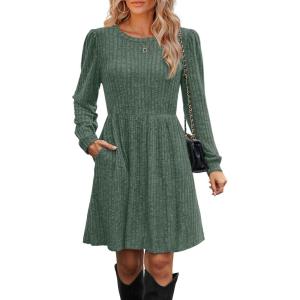 imageOFEEFAN Womens Fall Dresses Crew Neck Long Sleeve Winter Knit Sweater Dress 2024Ribbedgreen