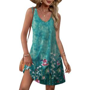 imageOFEEFAN Womens Summer Dresses 2025 V Neck Sleeveless Sundresses with Pockets Beach Vacation Clothes FloralPlainA Floral 09