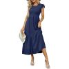 imageOFEEFAN Womens Casual Maxi Dresses with Pockets Ruffle Sleeve Smocked Dress XS2XL09 Navy Blue