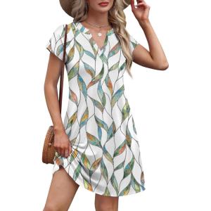imageOFEEFAN Summer Dresses for Women Beach Cover Ups for Women with Pockets V Neck Swimsuit Loose FitColorful Leaves