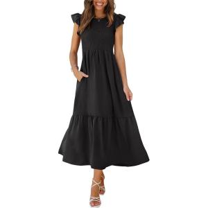 imageOFEEFAN Womens Casual Maxi Dresses with Pockets Ruffle Sleeve Smocked Dress XS2XL01 Black