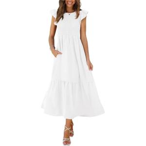 imageOFEEFAN Womens Casual Maxi Dresses with Pockets Ruffle Sleeve Smocked Dress XS2XL01 White