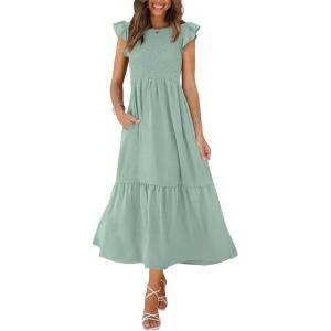 imageOFEEFAN Womens Casual Maxi Dresses with Pockets Ruffle Sleeve Smocked Dress XS2XL02 Sage Green