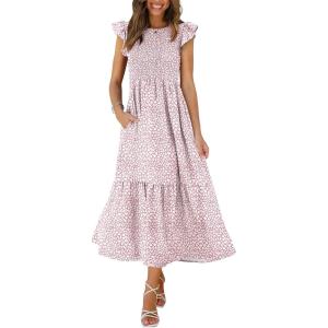 imageOFEEFAN Womens Casual Maxi Dresses with Pockets Ruffle Sleeve Smocked Dress XS2XL03 Pink Print