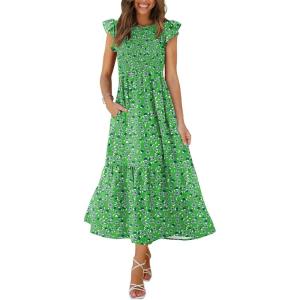 imageOFEEFAN Womens Casual Maxi Dresses with Pockets Ruffle Sleeve Smocked Dress XS2XL04 Floral Green