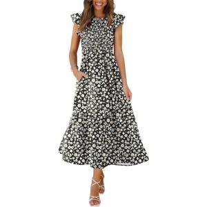imageOFEEFAN Womens Casual Maxi Dresses with Pockets Ruffle Sleeve Smocked Dress XS2XL05 Floral Black