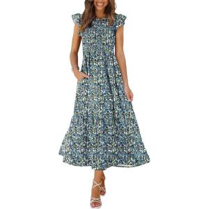 imageOFEEFAN Womens Casual Maxi Dresses with Pockets Ruffle Sleeve Smocked Dress XS2XL05 Floral Blue 2