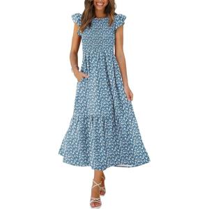 imageOFEEFAN Womens Casual Maxi Dresses with Pockets Ruffle Sleeve Smocked Dress XS2XL05 Floral Blue