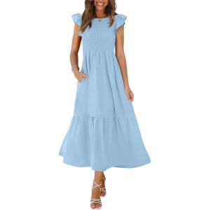 imageOFEEFAN Womens Casual Maxi Dresses with Pockets Ruffle Sleeve Smocked Dress XS2XL06 Baby Blue