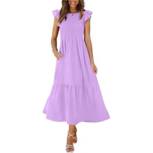 imageOFEEFAN Womens Casual Maxi Dresses with Pockets Ruffle Sleeve Smocked Dress XS2XL06 Lilac
