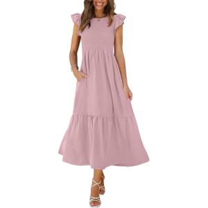 imageOFEEFAN Womens Casual Maxi Dresses with Pockets Ruffle Sleeve Smocked Dress XS2XL06 Pink