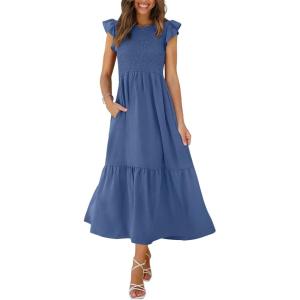 imageOFEEFAN Womens Casual Maxi Dresses with Pockets Ruffle Sleeve Smocked Dress XS2XL07 Dusty Blue