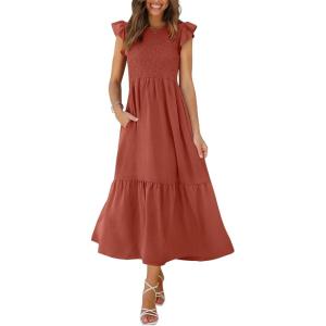 imageOFEEFAN Womens Casual Maxi Dresses with Pockets Ruffle Sleeve Smocked Dress XS2XL08 Rust