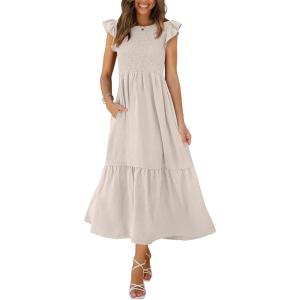 imageOFEEFAN Womens Casual Maxi Dresses with Pockets Ruffle Sleeve Smocked Dress XS2XL10 Beige