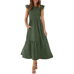 imageOFEEFAN Womens Casual Maxi Dresses with Pockets Ruffle Sleeve Smocked Dress XS2XL11 Army Green
