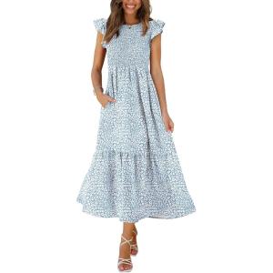 imageOFEEFAN Womens Casual Maxi Dresses with Pockets Ruffle Sleeve Smocked Dress XS2XL16 Blue Print