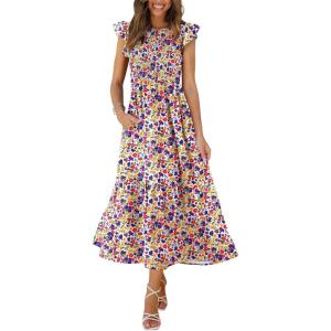 imageOFEEFAN Womens Casual Maxi Dresses with Pockets Ruffle Sleeve Smocked Dress XS2XL16 Colorful Flowers