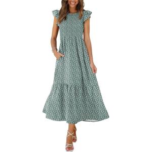 imageOFEEFAN Womens Casual Maxi Dresses with Pockets Ruffle Sleeve Smocked Dress XS2XL16 Floral Green 2