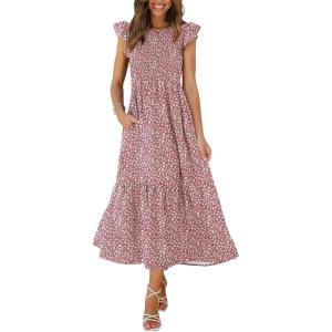 imageOFEEFAN Womens Casual Maxi Dresses with Pockets Ruffle Sleeve Smocked Dress XS2XL16 Floral Red