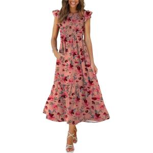 imageOFEEFAN Womens Casual Maxi Dresses with Pockets Ruffle Sleeve Smocked Dress XS2XL16 Pink Floral
