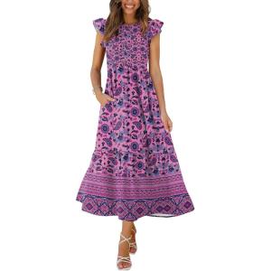 imageOFEEFAN Womens Casual Maxi Dresses with Pockets Ruffle Sleeve Smocked Dress XS2XL16 Purple Paisley