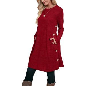 imageOFEEFAN Womens Long Sleeve Tunic Dres Fall Outfits with Pockets ButtonsEc Burn Red