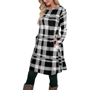 imageOFEEFAN Womens Long Sleeve Tunic Dres Fall Outfits with Pockets ButtonsEg Black White Grid