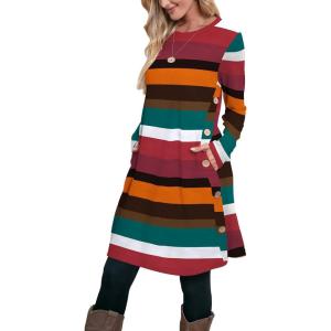 imageOFEEFAN Womens Long Sleeve Tunic Dres Fall Outfits with Pockets ButtonsGl Multicolor Stripes