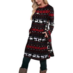 imageOFEEFAN Womens Long Sleeve Tunic Dres Fall Outfits with Pockets ButtonsGs Christmas Elk