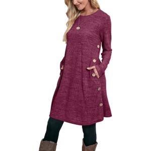 imageOFEEFAN Womens Long Sleeve Tunic Dres Fall Outfits with Pockets ButtonsGu Deep Rose Purple
