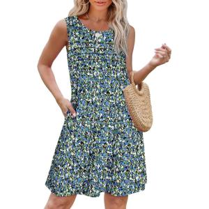 imageOFEEFAN Womens Pleated Front Tank Dresses Fashion Spring Sleeveless Pockets Sundress Casual SummerFloral 01