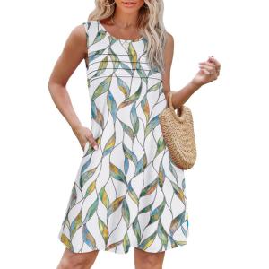 imageOFEEFAN Womens Pleated Front Tank Dresses Fashion Spring Sleeveless Pockets Sundress Casual SummerFloral 02