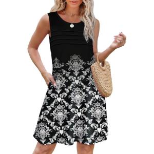 imageOFEEFAN Womens Pleated Front Tank Dresses Fashion Spring Sleeveless Pockets Sundress Casual SummerFloral 06