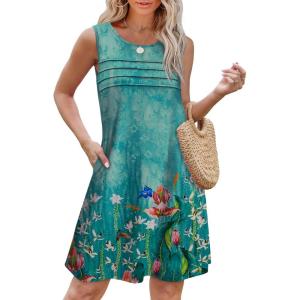 imageOFEEFAN Womens Pleated Front Tank Dresses Fashion Spring Sleeveless Pockets Sundress Casual SummerFloral 10