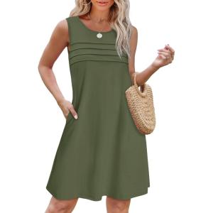 imageOFEEFAN Womens Pleated Front Tank Dresses Fashion Spring Sleeveless Pockets Sundress Casual SummerGreen