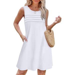 imageOFEEFAN Womens Pleated Front Tank Dresses Fashion Spring Sleeveless Pockets Sundress Casual SummerWhite